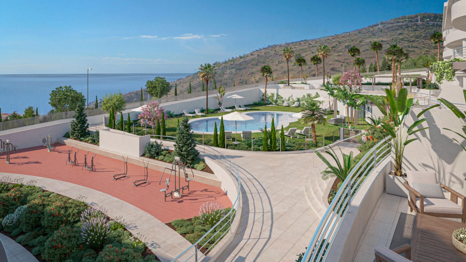 Nexus Residences: zwembad en buitengym met prachtig uitzicht.