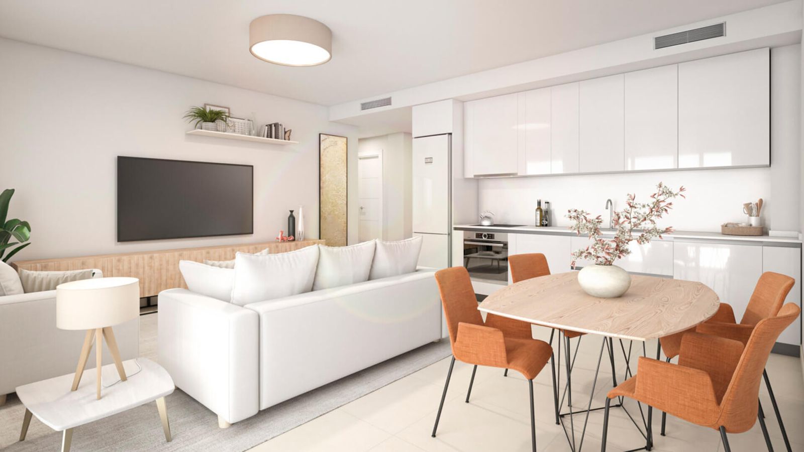 Modernes Apartment Wohn- und Essbereich mit weißen Möbeln und orangefarbenen Stühlen.